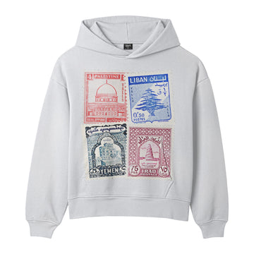 Grey hoodie featuring vintage Middle Eastern postage stamp graphics from Palestine, Lebanon, Yemen, and Iraq by Yalla Apparel