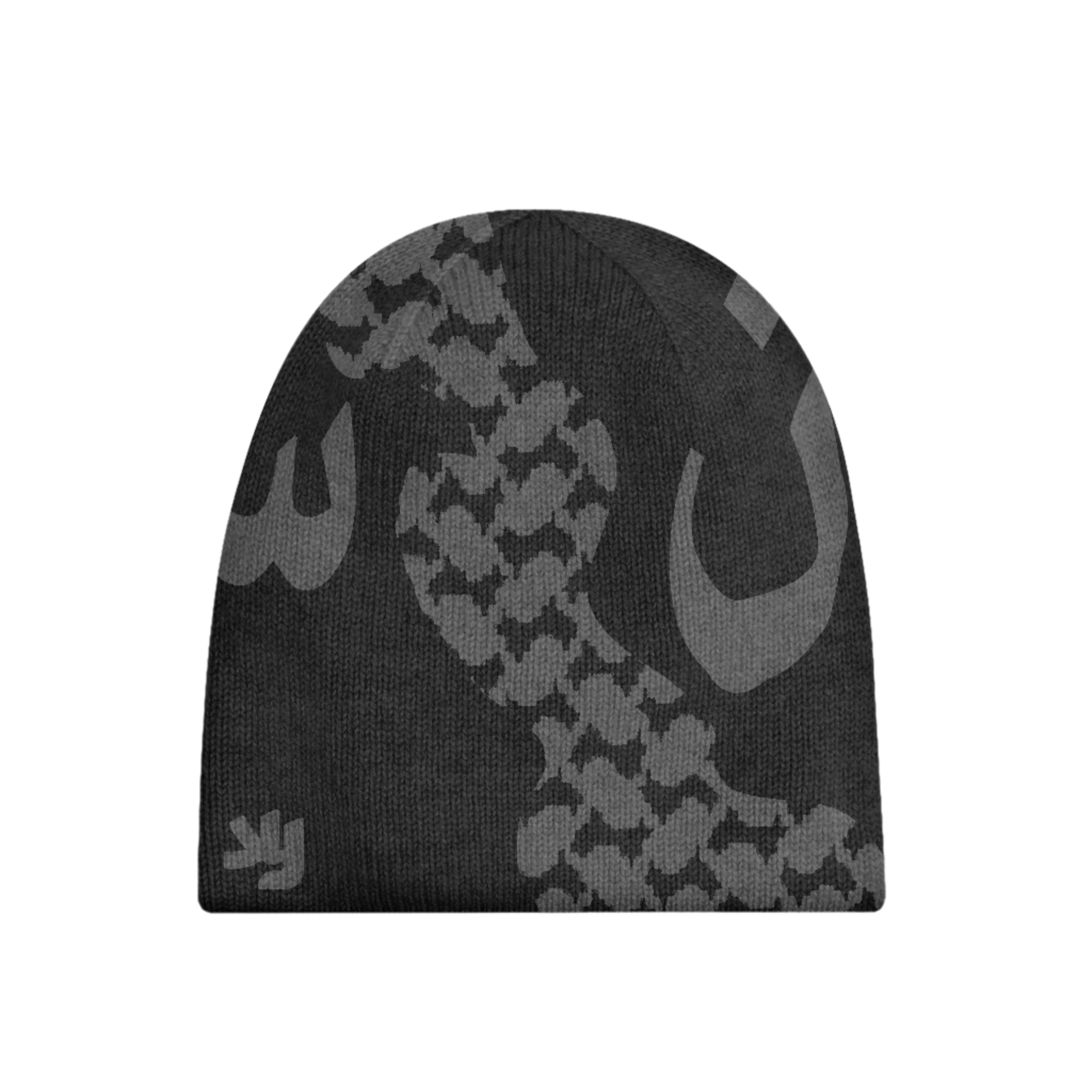 Yalla Apparel Ash Glory Beanie featuring intricate Kufiya pattern and 'سبحان' (Glory) embroidery, perfect for cultural expression.