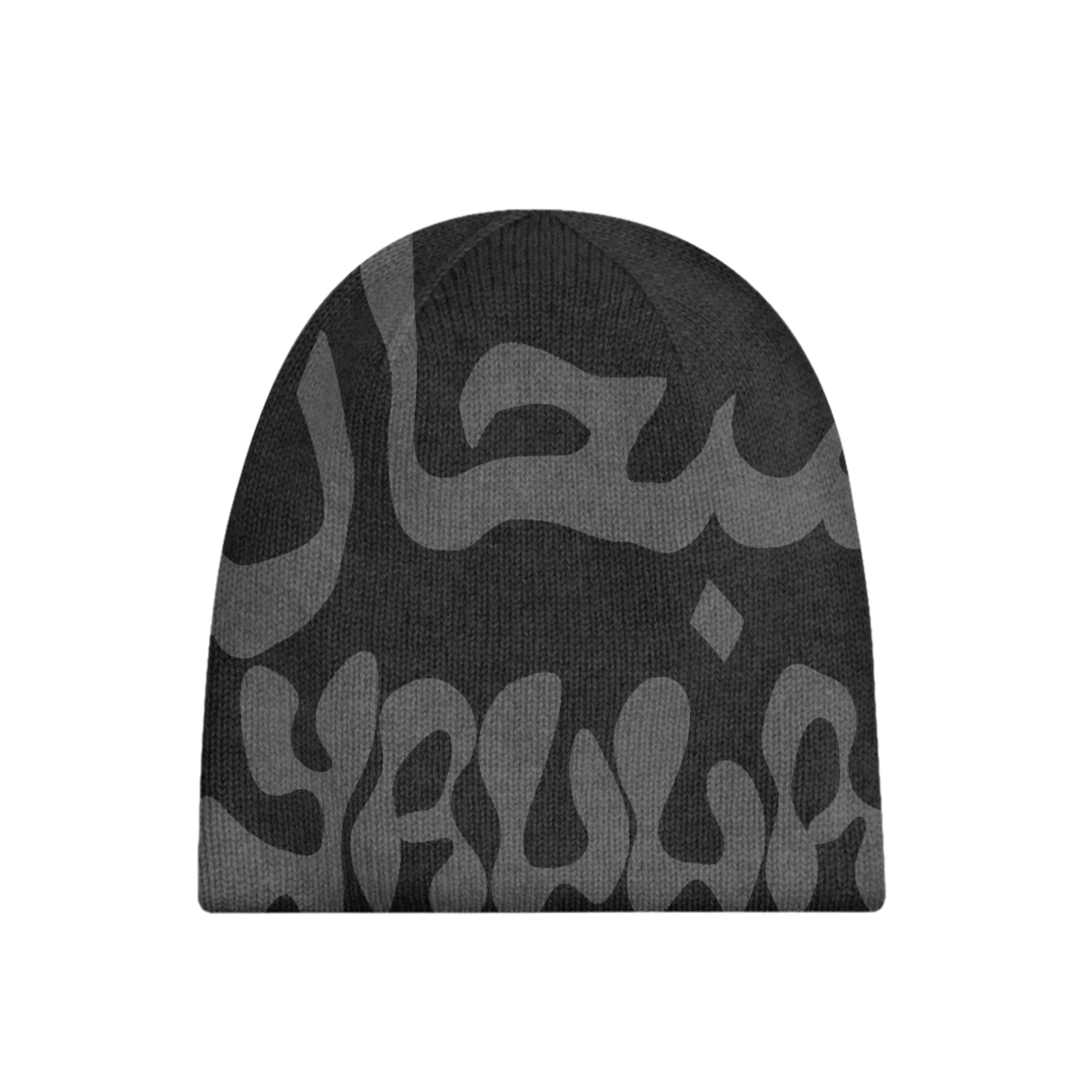Ash Glory Beanie with Kufiya-inspired Arabic 'سبحان' (Glory) typography, blending heritage with modern Arab streetwear.