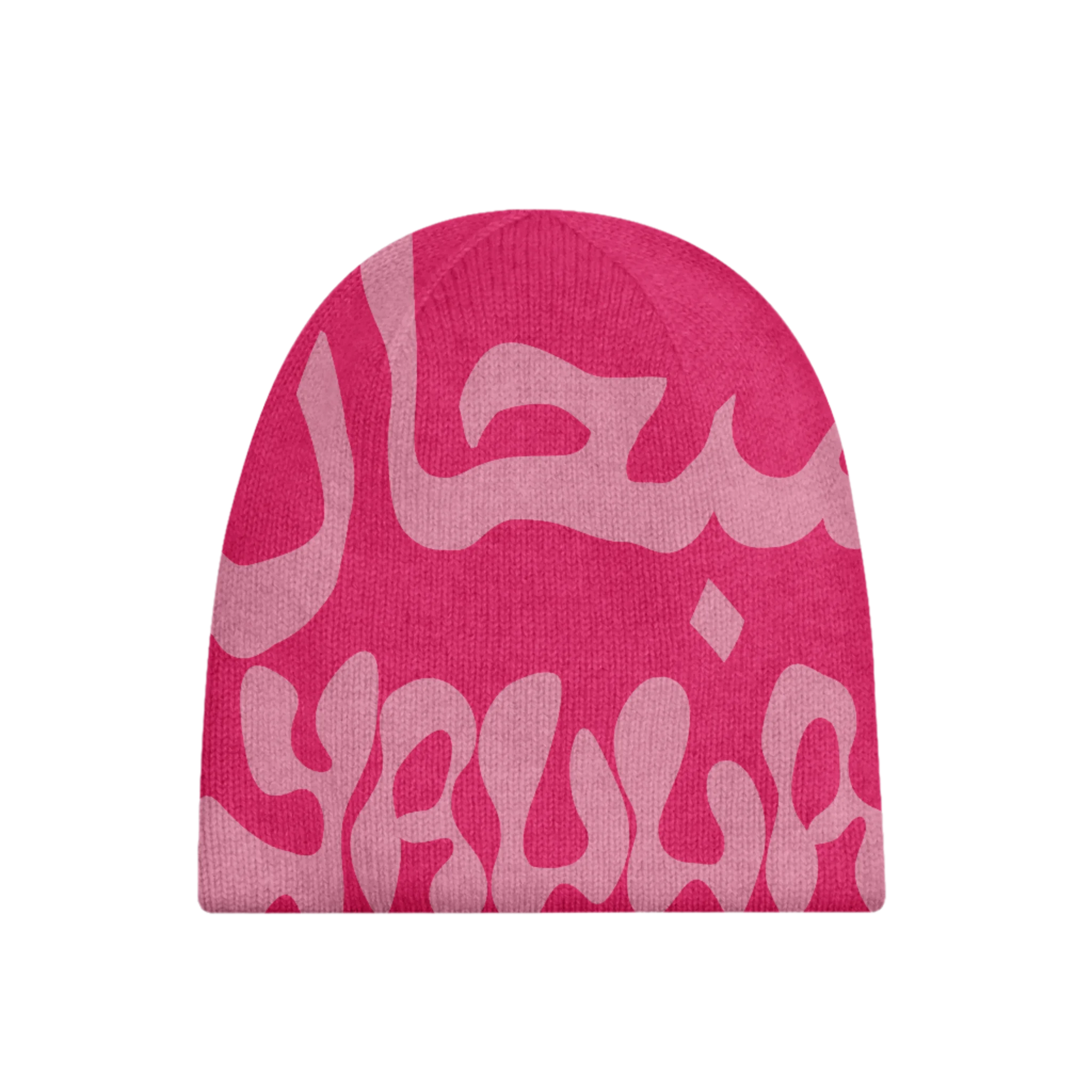 Back view of Flower Glory Beanie showcasing Kufiya pattern and Arabic calligraphy, a mix of Arab streetwear and political fashion.