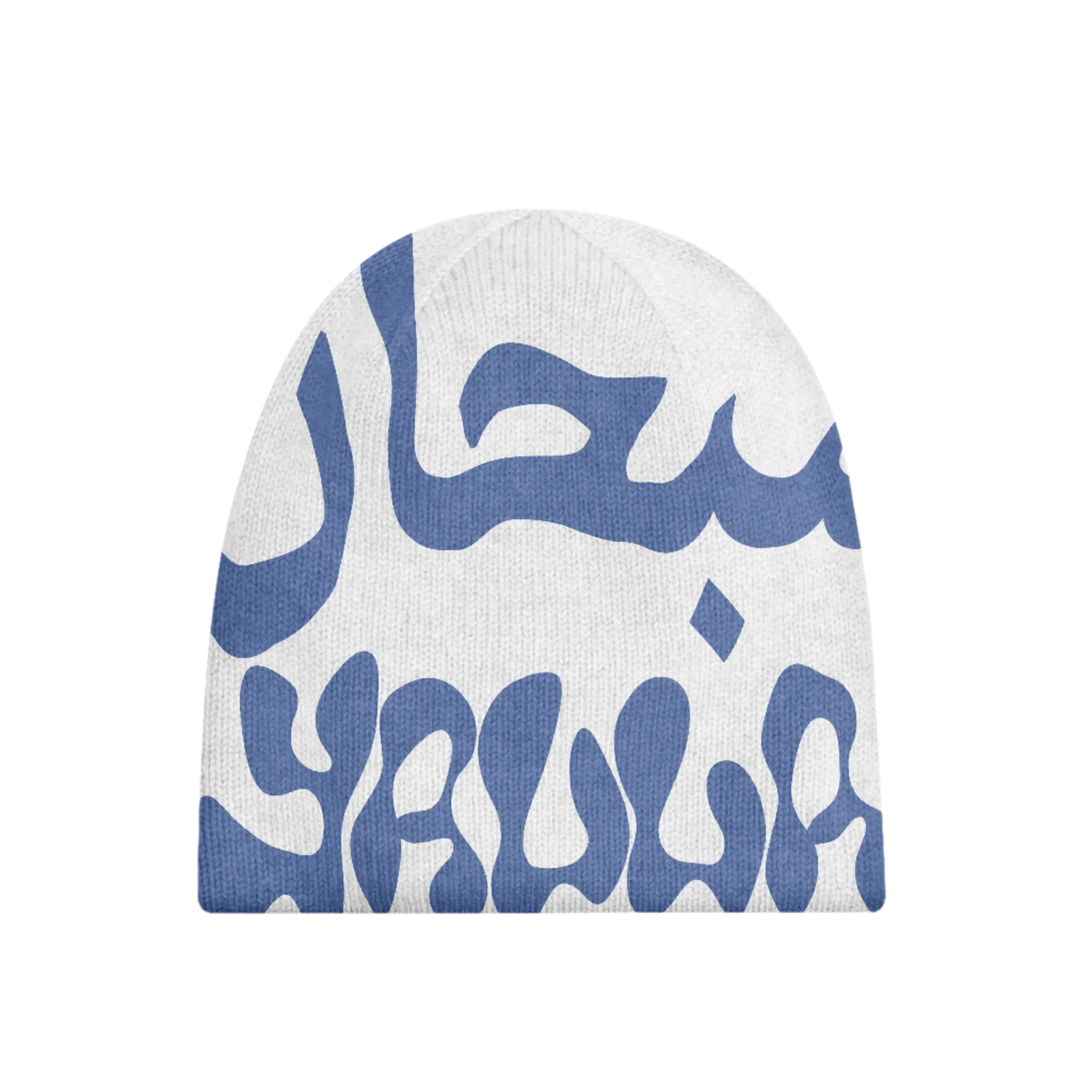 Sea Glory Beanie with Kufiya-inspired Arabic typography design in white and blue, blending Arab streetwear with cultural fashion.