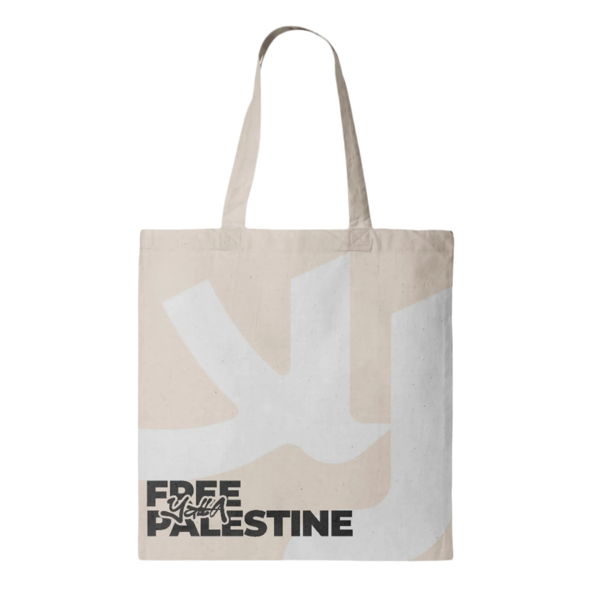 Yalla Tote bag featuring Free Palestine text in black and Yalla logo in white, blending cultural fashion with modern Arab streetwear.