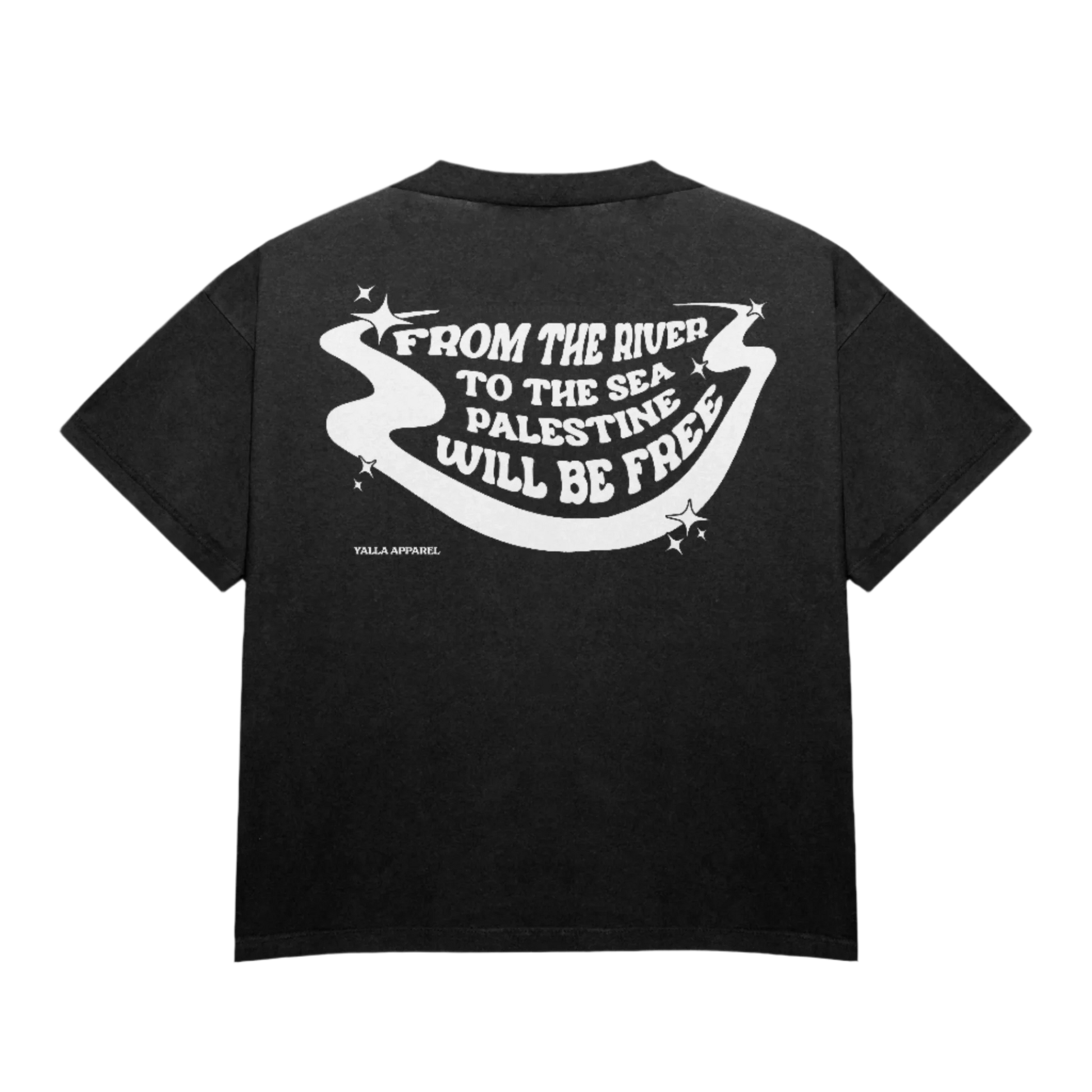 Back of Black Kufiya Graphic Tee with the message 'From the River to the Sea, Palestine Will Be Free' in bold typography.
