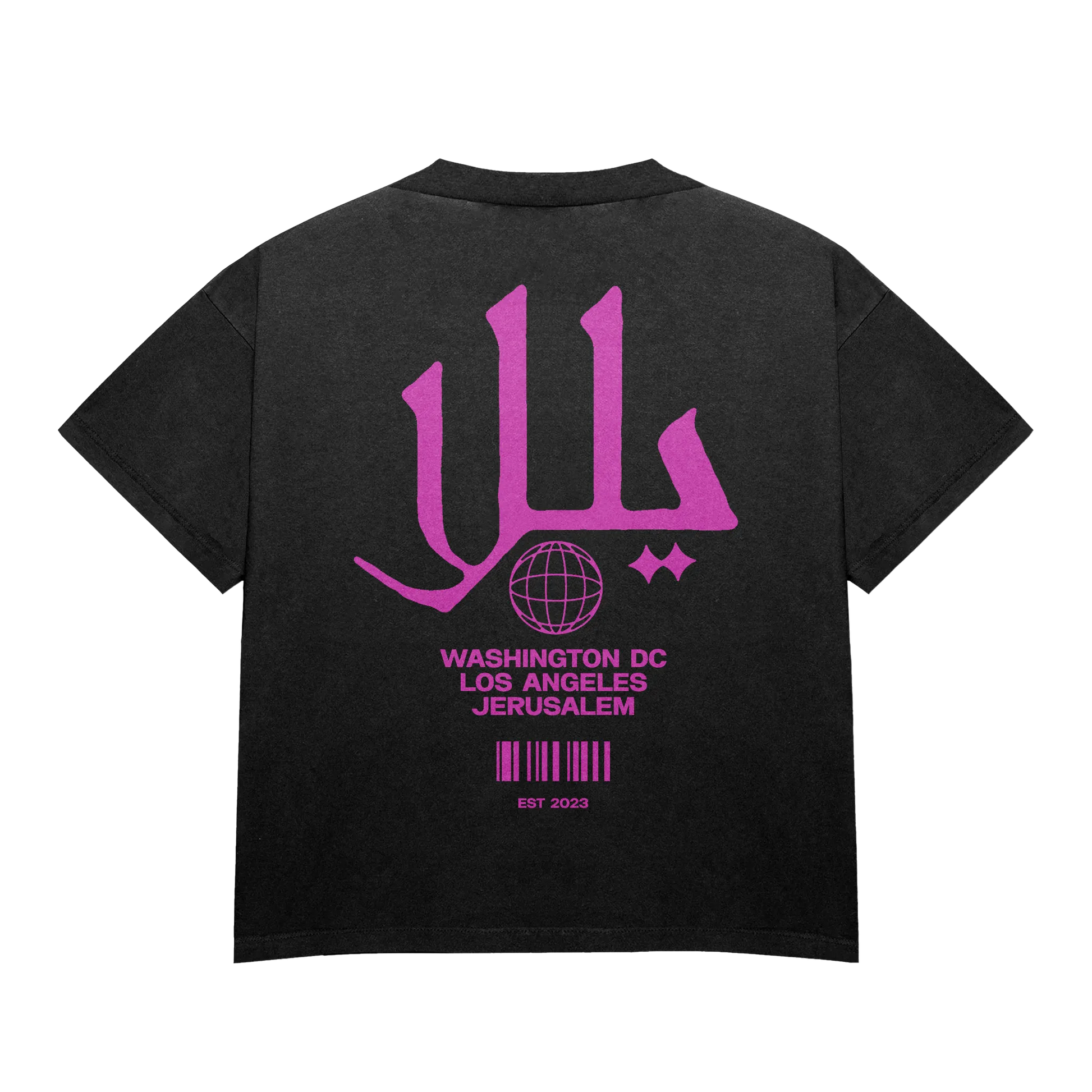 Back of Coal Palestine Graphic Tee with 'Yalla' typography, barcode design, and 'We Were Established 2023' text in modern Middle Eastern streetwear style.