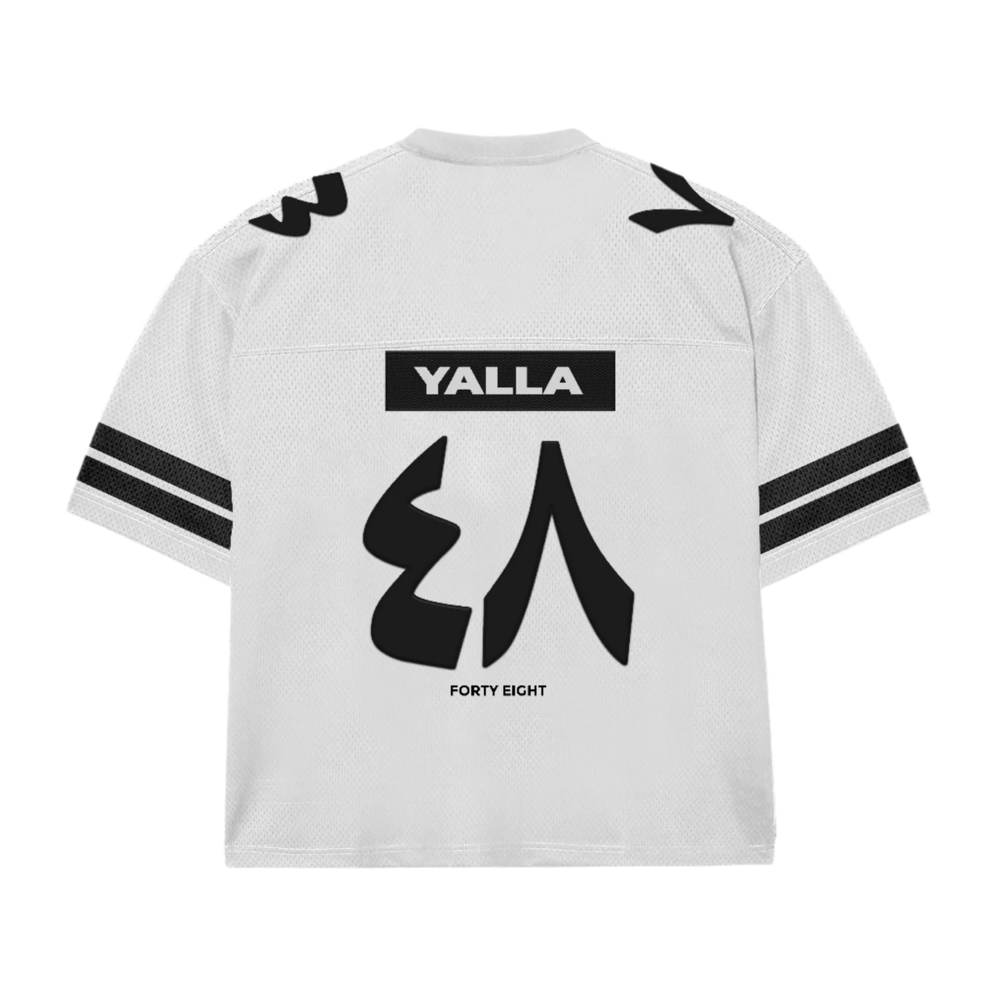 Premium FORTY EIGHT White Jersey by Yalla Apparel, featuring puff print and embroidery