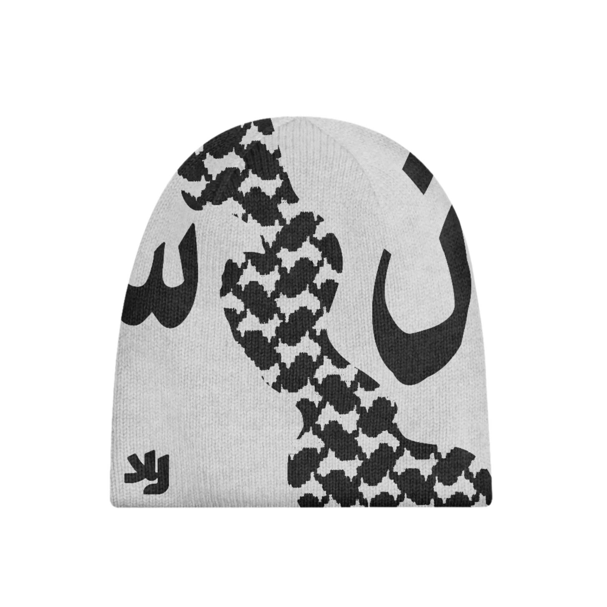 Back view of Light Glory Beanie showcasing Kufiya pattern and Arabic calligraphy, a mix of Arab streetwear and political fashion.