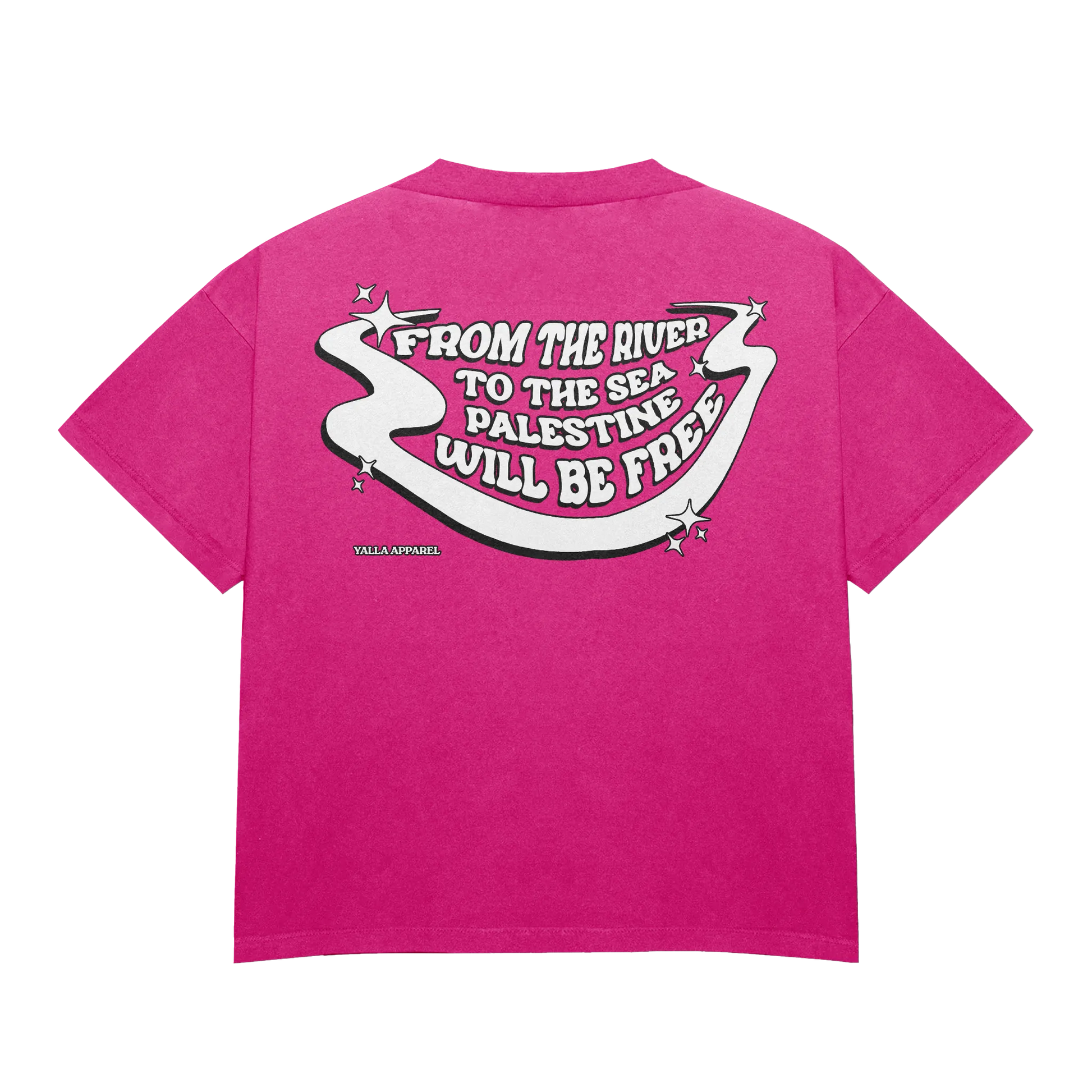 Back of Rose Kufiya Graphic Tee with bold statement 'From the River to the Sea, Palestine Will Be Free' with a nice design