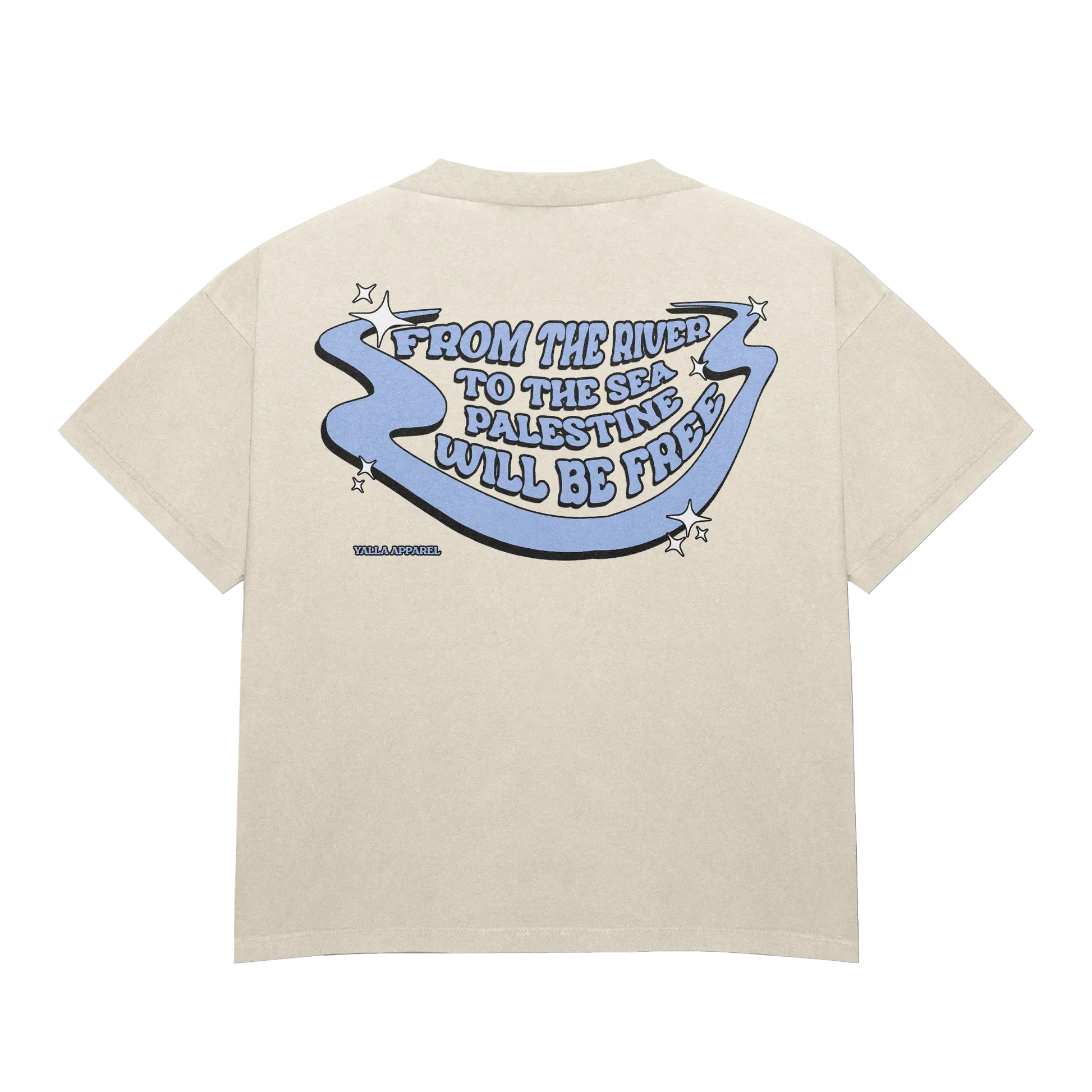 Back of Sand Kufiya Graphic Tee with bold blue text saying 'From the River to the Sea, Palestine Will Be Free' in Arabic-inspired calligraphy, in beige.