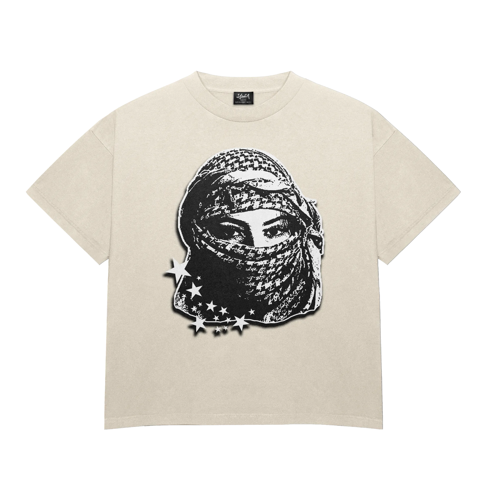 Beige Sand Kufiya Graphic Tee featuring a black Kufiya-clad woman design, a cultural symbol in Palestinian streetwear.