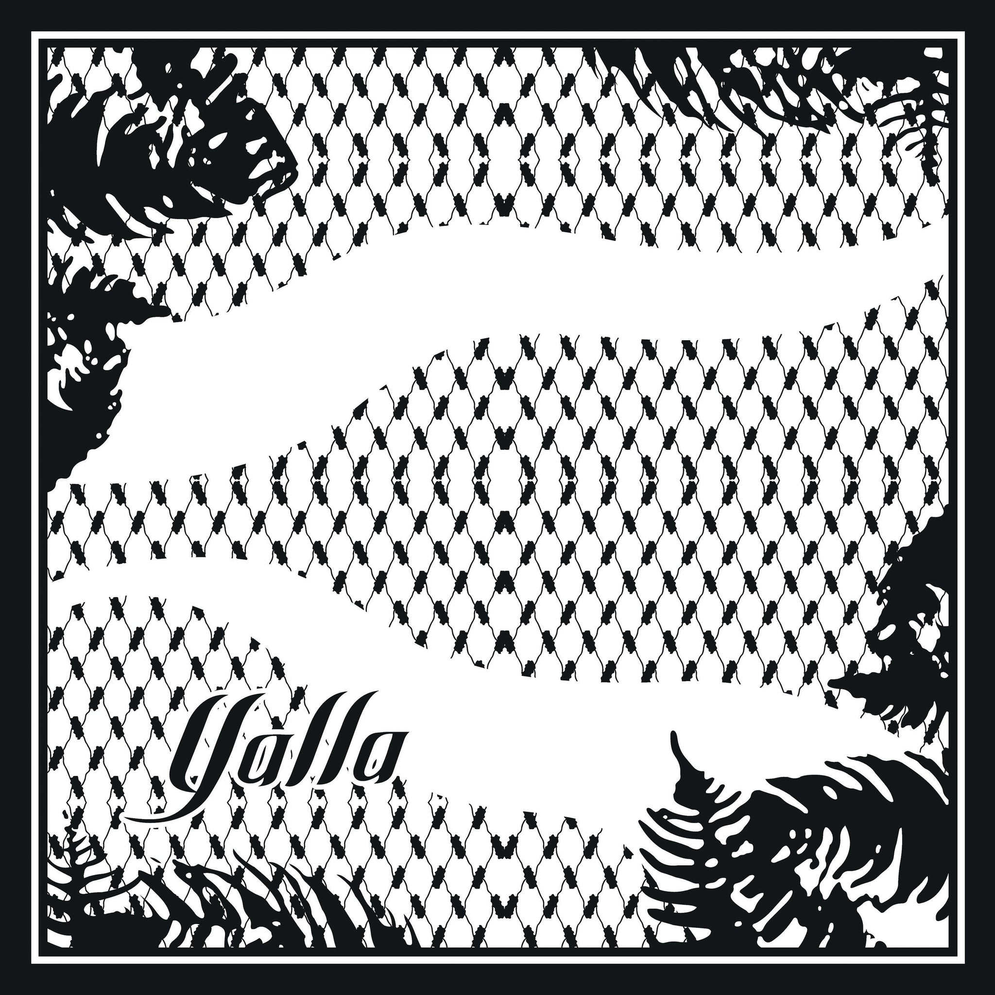 Black and white patterned Kufiya design with 'Yalla' branding
