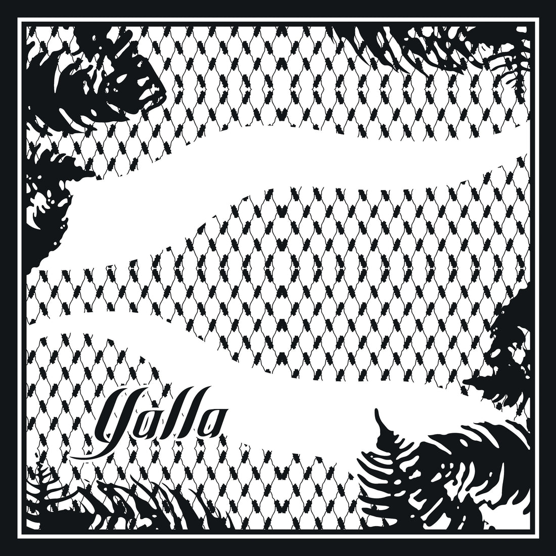 Black and white patterned Kufiya design with 'Yalla' branding