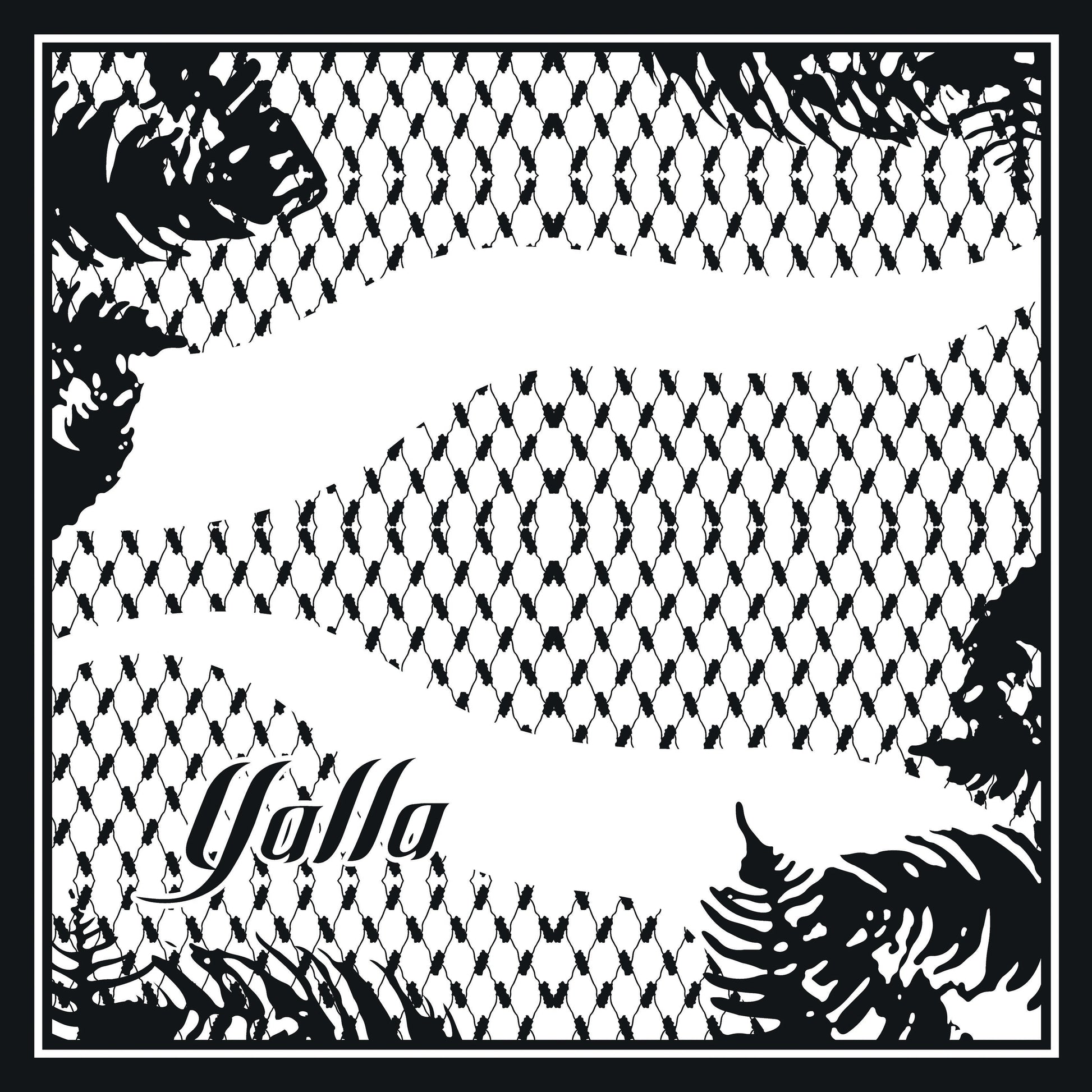 Black and white patterned Kufiya design with 'Yalla' branding