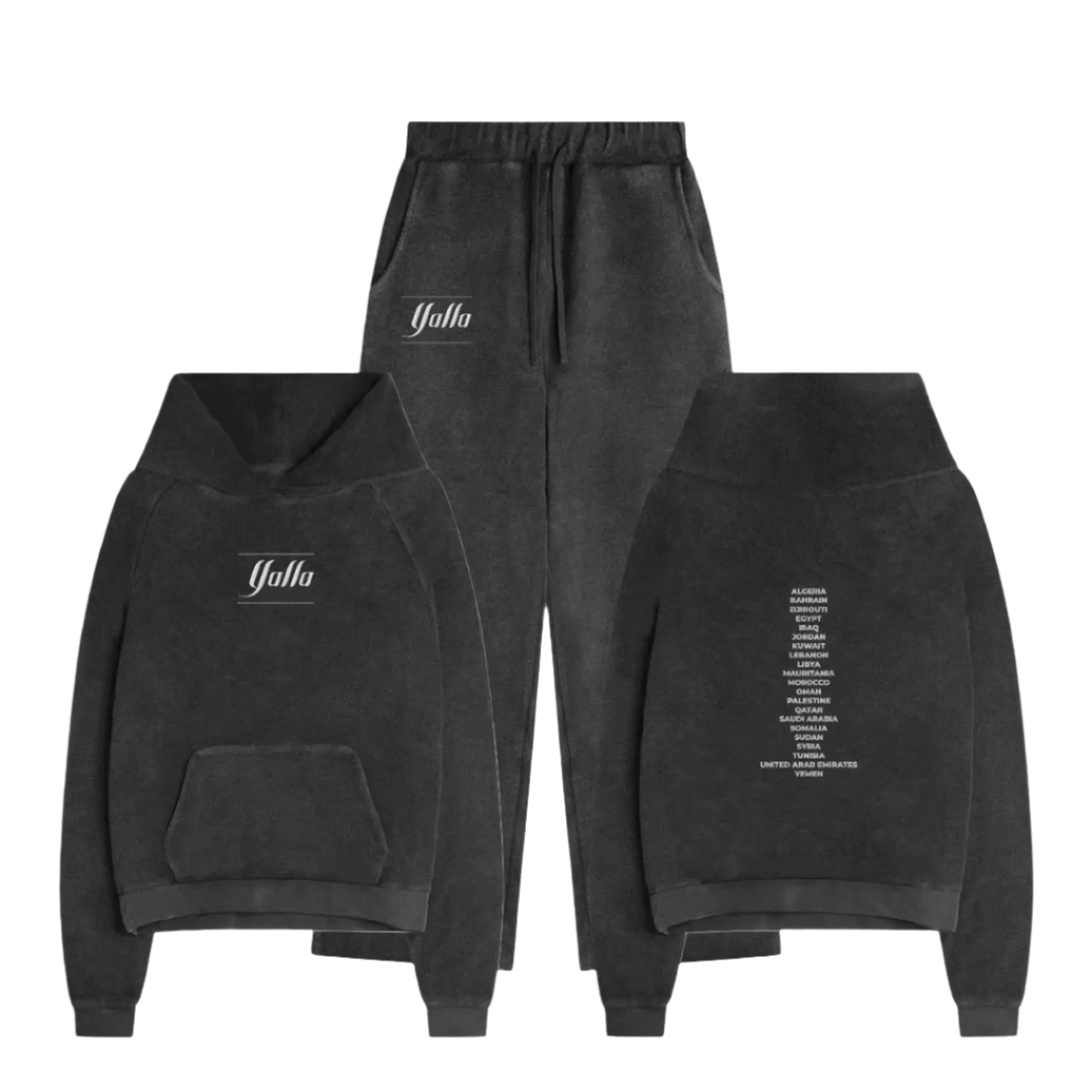 Yalla Apparel Timeless Tracksuit with Arab country names on the back and minimalist logo