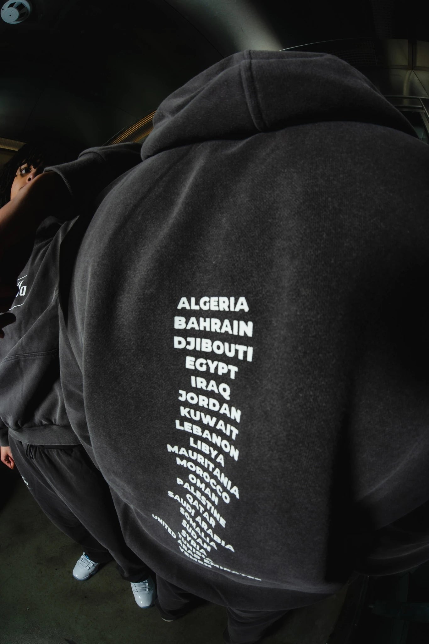 Back design of Timeless Arab Hoodie showing all Arab countries, symbolizing unity and identity in Arab clothing.
